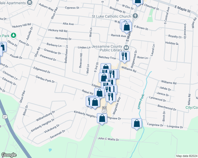 map of restaurants, bars, coffee shops, grocery stores, and more near 115 Southview Drive in Nicholasville
