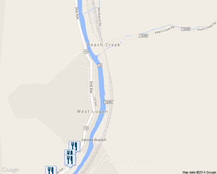 map of restaurants, bars, coffee shops, grocery stores, and more near Old Guyan River Road in Logan