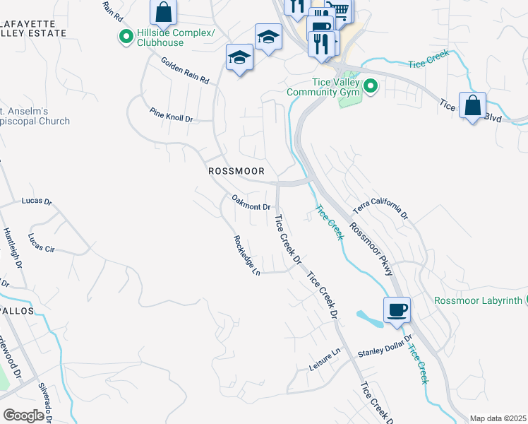 map of restaurants, bars, coffee shops, grocery stores, and more near 1115 Oakmont Drive in Walnut Creek
