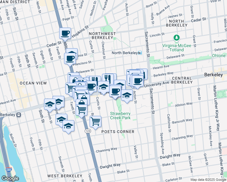 map of restaurants, bars, coffee shops, grocery stores, and more near in Berkeley