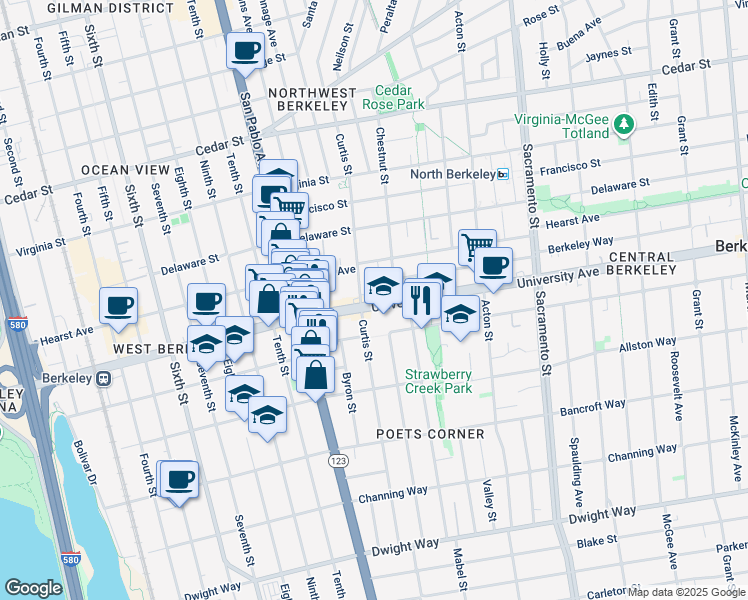 map of restaurants, bars, coffee shops, grocery stores, and more near 2100 Browning Street in Berkeley