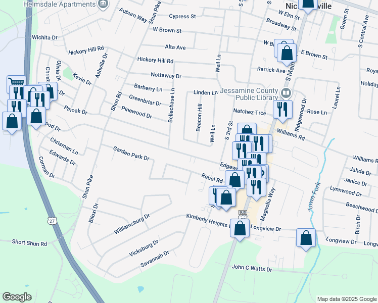 map of restaurants, bars, coffee shops, grocery stores, and more near 314 Edgewood Drive in Nicholasville