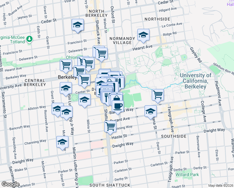 map of restaurants, bars, coffee shops, grocery stores, and more near 2171 Allston Way in Berkeley