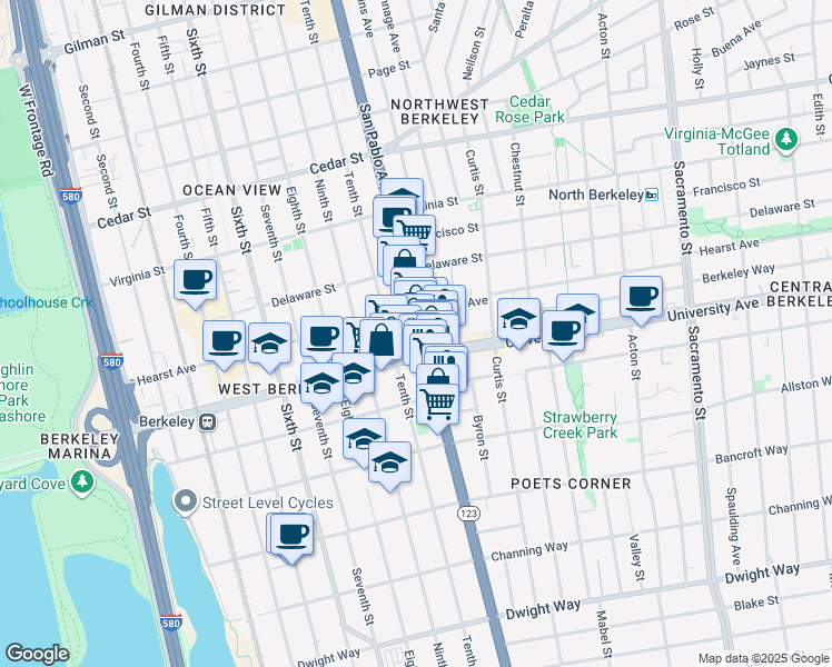 map of restaurants, bars, coffee shops, grocery stores, and more near 1962 San Pablo Avenue in Berkeley