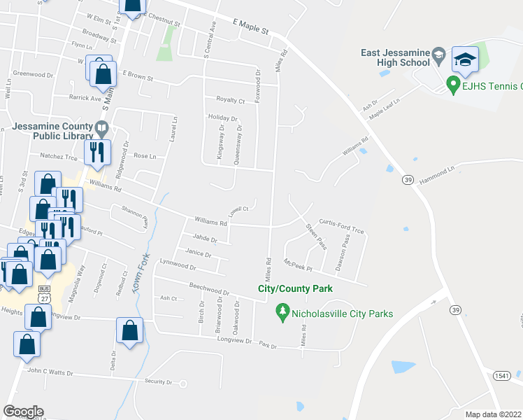 map of restaurants, bars, coffee shops, grocery stores, and more near 126 Lowell Court in Nicholasville