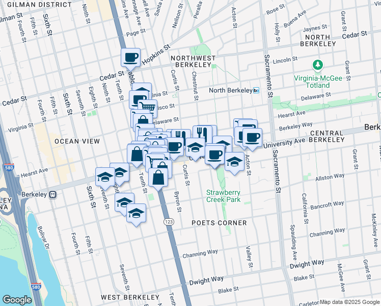 map of restaurants, bars, coffee shops, grocery stores, and more near 1221 University Avenue in Berkeley