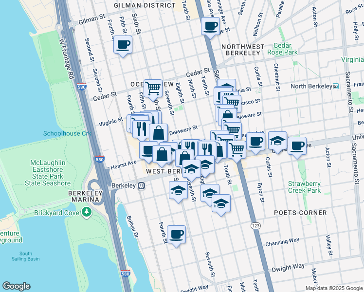 map of restaurants, bars, coffee shops, grocery stores, and more near 1808 Eighth Street in Berkeley
