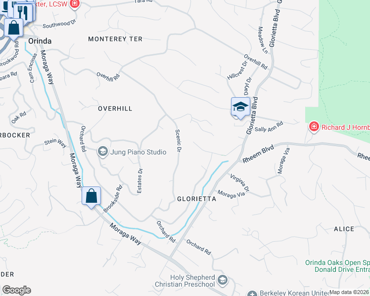 map of restaurants, bars, coffee shops, grocery stores, and more near 82 Scenic Drive in Orinda