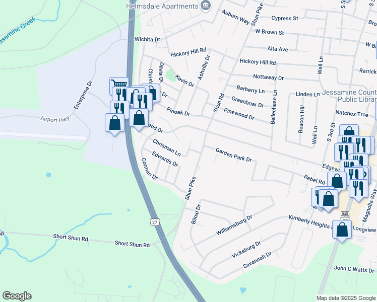map of restaurants, bars, coffee shops, grocery stores, and more near 132 Lige Court in Nicholasville