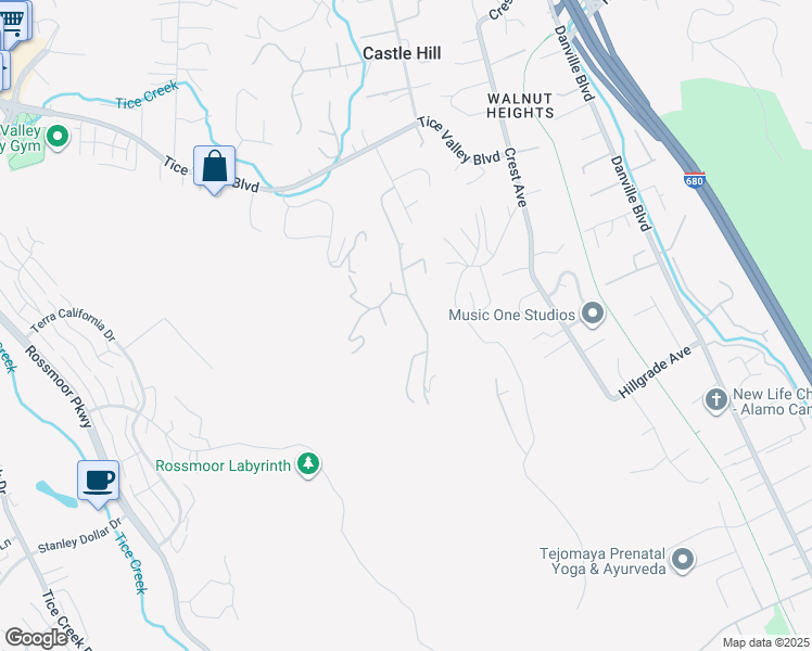 map of restaurants, bars, coffee shops, grocery stores, and more near 261 Castle Hill Ranch Road in Walnut Creek