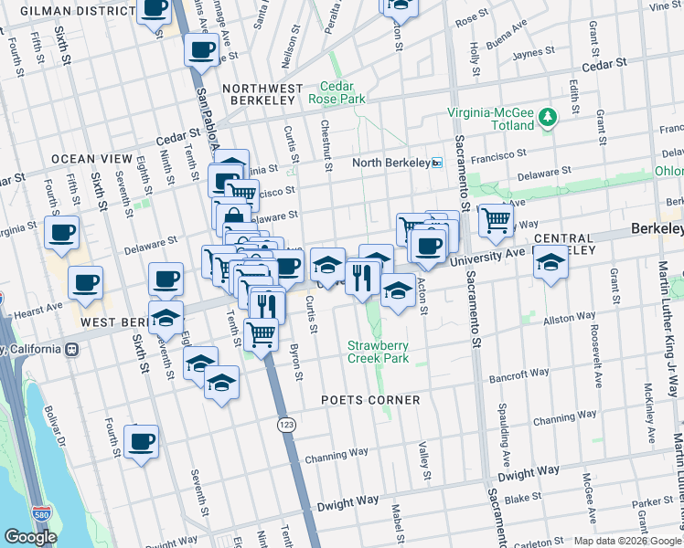 map of restaurants, bars, coffee shops, grocery stores, and more near 1255 University Avenue in Berkeley