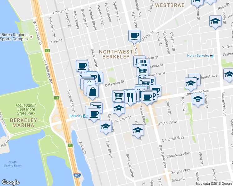 map of restaurants, bars, coffee shops, grocery stores, and more near 915 Hearst Avenue in Berkeley