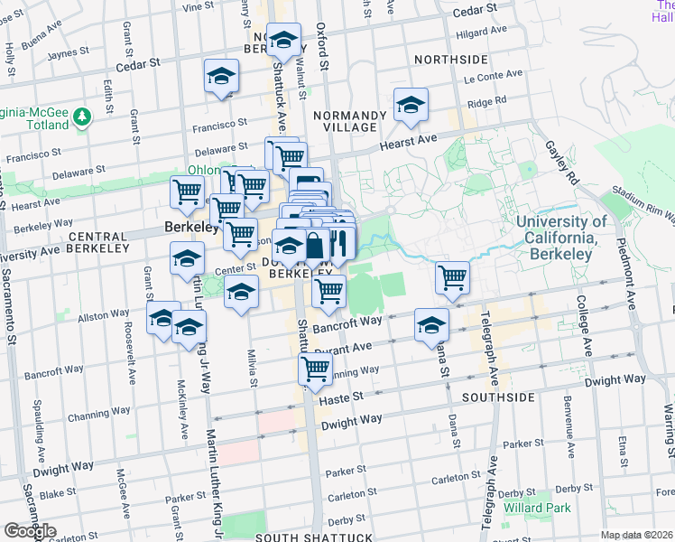 map of restaurants, bars, coffee shops, grocery stores, and more near 2171 Allston Way in Berkeley
