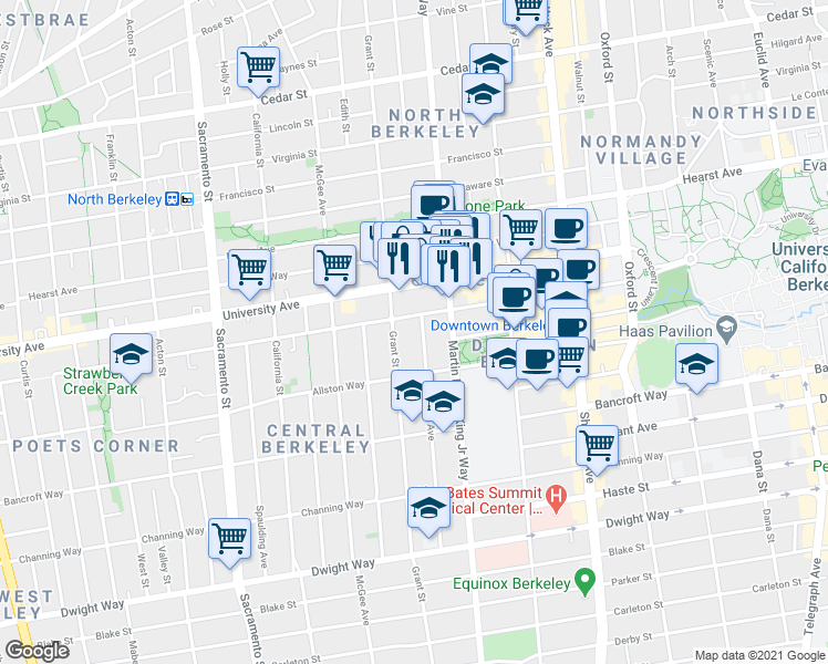 map of restaurants, bars, coffee shops, grocery stores, and more near 1823 Addison Street in Berkeley