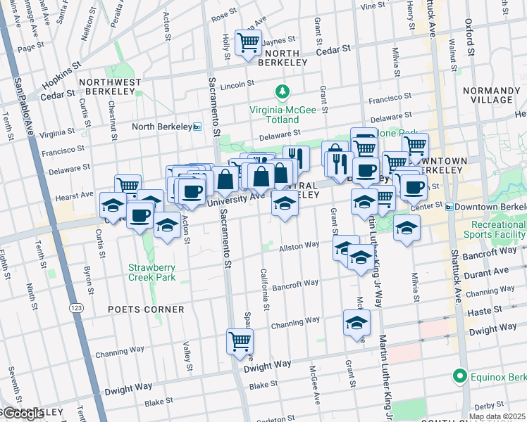 map of restaurants, bars, coffee shops, grocery stores, and more near 1598 University Avenue in Berkeley
