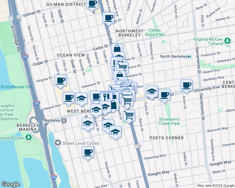 map of restaurants, bars, coffee shops, grocery stores, and more near 1031 Hearst Avenue in Berkeley