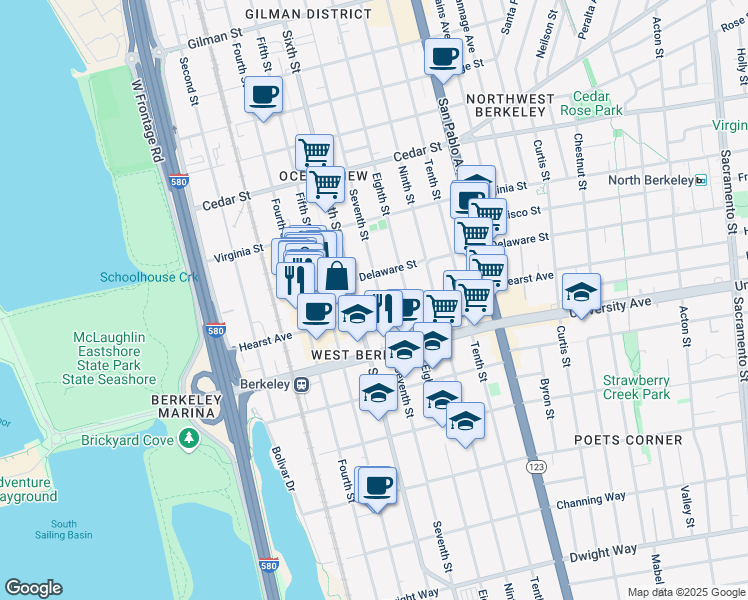 map of restaurants, bars, coffee shops, grocery stores, and more near 1803 Sixth Street in Berkeley