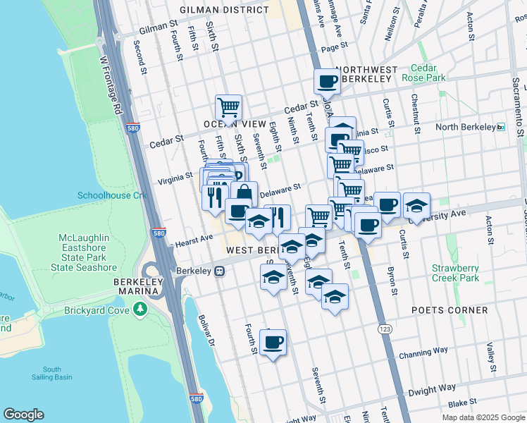 map of restaurants, bars, coffee shops, grocery stores, and more near 1803 Sixth Street in Berkeley