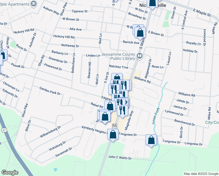 map of restaurants, bars, coffee shops, grocery stores, and more near 623 South 3rd Street in Nicholasville