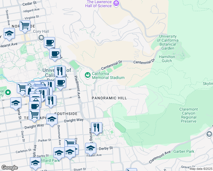 map of restaurants, bars, coffee shops, grocery stores, and more near 89 Arden Road in Berkeley