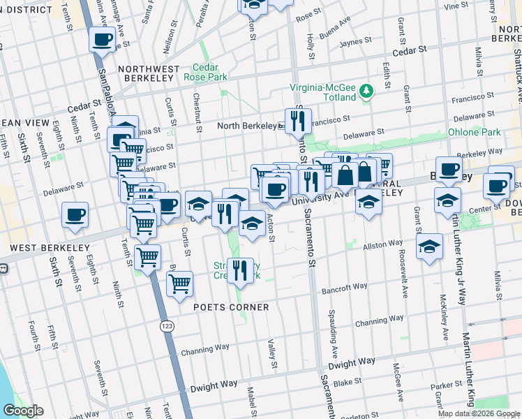 map of restaurants, bars, coffee shops, grocery stores, and more near 1370 University Avenue in Berkeley