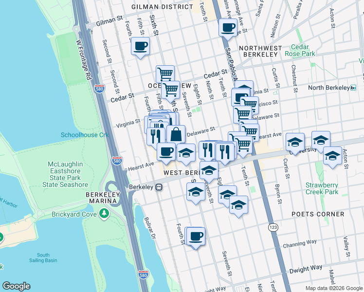 map of restaurants, bars, coffee shops, grocery stores, and more near 1814 Sixth Street in Berkeley