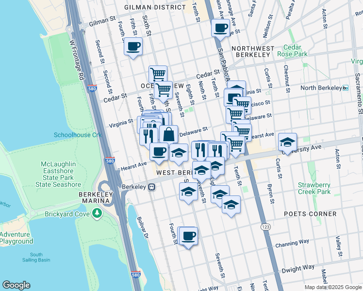 map of restaurants, bars, coffee shops, grocery stores, and more near 1803 Sixth Street in Berkeley