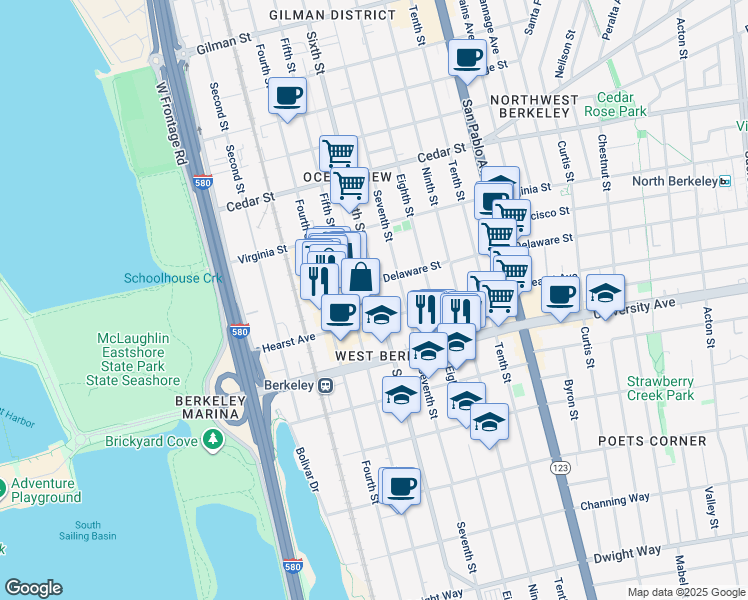 map of restaurants, bars, coffee shops, grocery stores, and more near 1803 Sixth Street in Berkeley