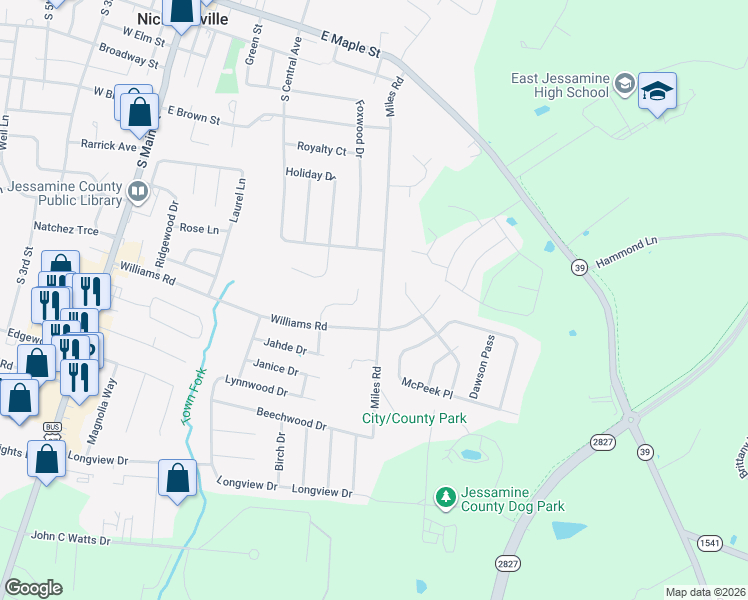 map of restaurants, bars, coffee shops, grocery stores, and more near 136 Lowell Court in Nicholasville