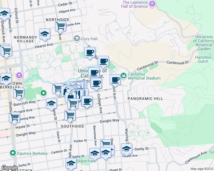 map of restaurants, bars, coffee shops, grocery stores, and more near 215 Bancroft Way in Berkeley