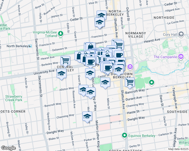 map of restaurants, bars, coffee shops, grocery stores, and more near 2109 Martin Luther King Junior Way in Berkeley
