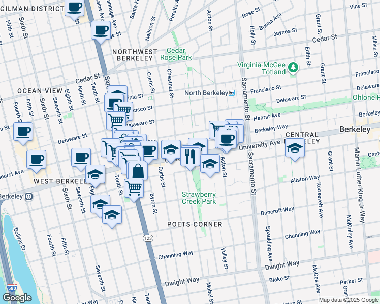 map of restaurants, bars, coffee shops, grocery stores, and more near in Berkeley