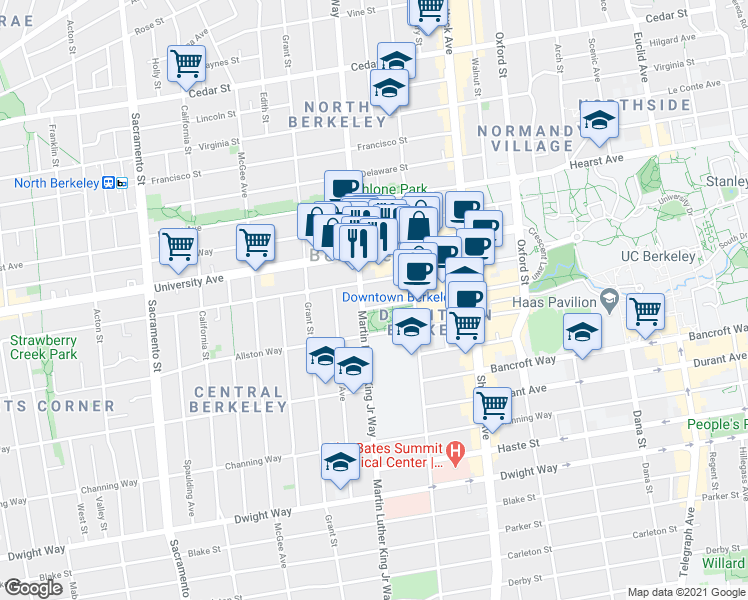 map of restaurants, bars, coffee shops, grocery stores, and more near 1900 Addison Street in Berkeley