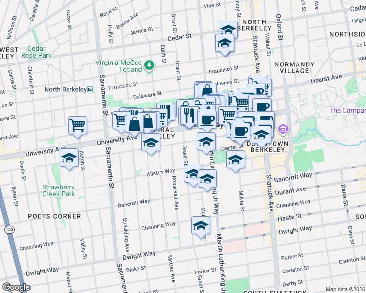 map of restaurants, bars, coffee shops, grocery stores, and more near 2016 Grant Street in Berkeley