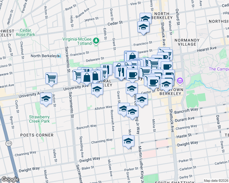 map of restaurants, bars, coffee shops, grocery stores, and more near 2016 Grant Street in Berkeley