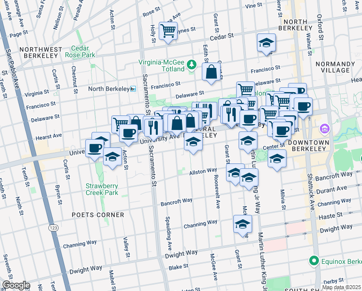 map of restaurants, bars, coffee shops, grocery stores, and more near 1658 University Avenue in Berkeley