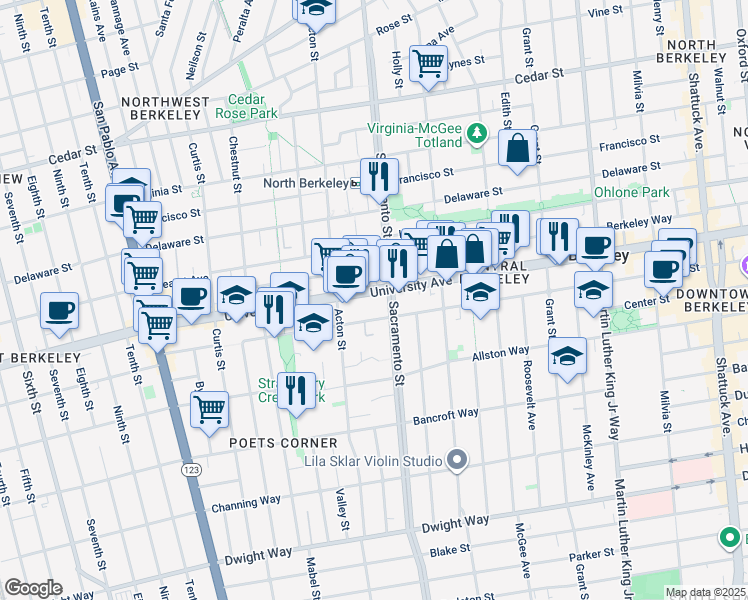 map of restaurants, bars, coffee shops, grocery stores, and more near 1475 University Avenue in Berkeley