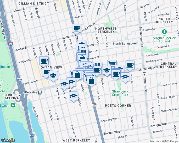 map of restaurants, bars, coffee shops, grocery stores, and more near 1095 Hearst Avenue in Berkeley