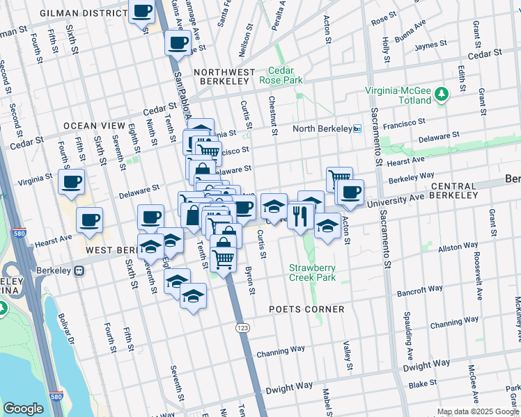 map of restaurants, bars, coffee shops, grocery stores, and more near 1236 Hearst Avenue in Berkeley