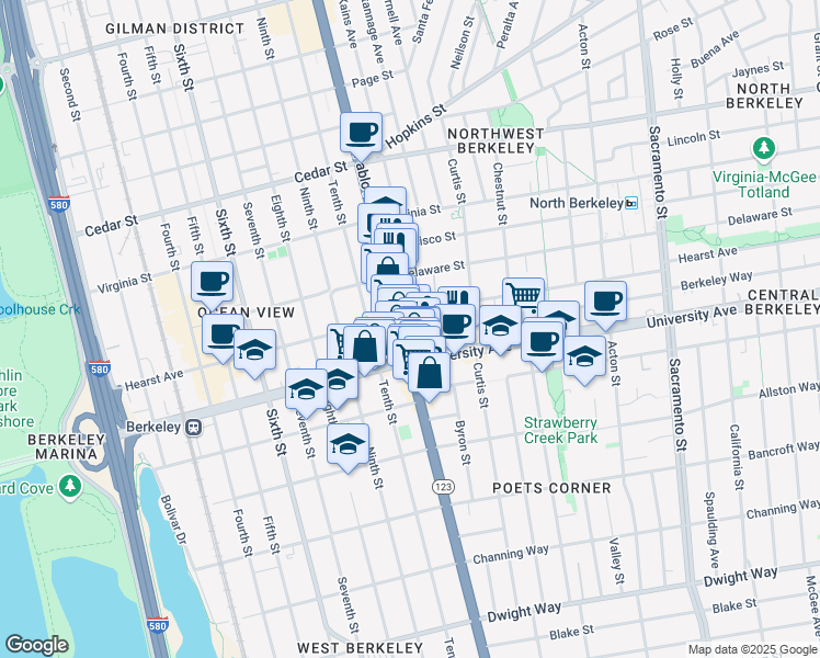 map of restaurants, bars, coffee shops, grocery stores, and more near 1095 Hearst Avenue in Berkeley