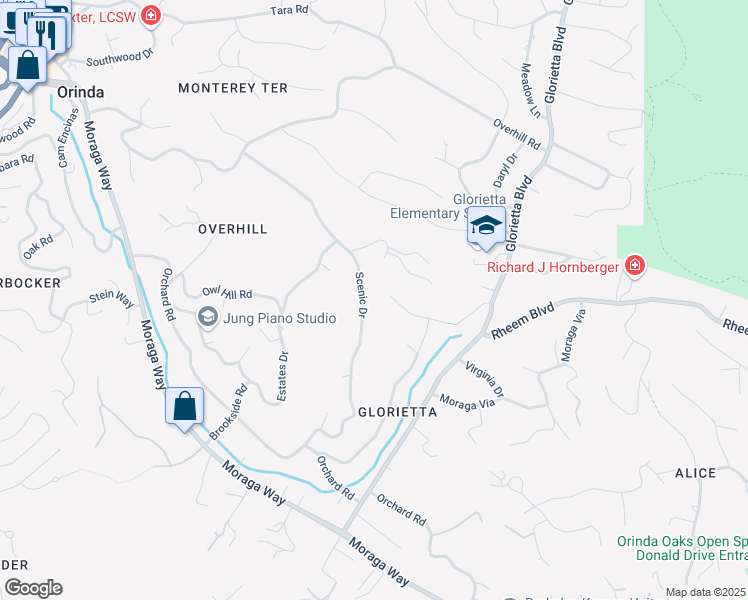 map of restaurants, bars, coffee shops, grocery stores, and more near 80 Scenic Drive in Orinda