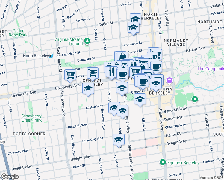 map of restaurants, bars, coffee shops, grocery stores, and more near 1823 Addison Street in Berkeley