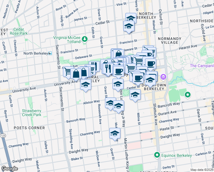map of restaurants, bars, coffee shops, grocery stores, and more near 2016 Grant Street in Berkeley