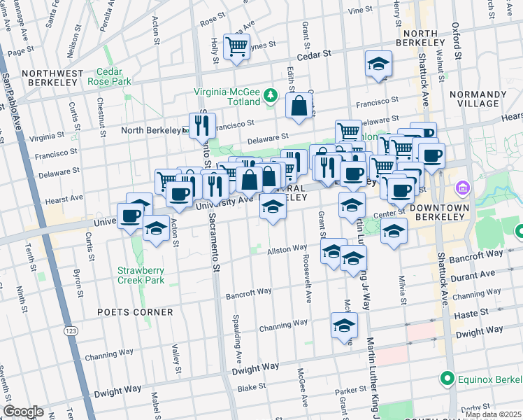 map of restaurants, bars, coffee shops, grocery stores, and more near 1658 University Avenue in Berkeley