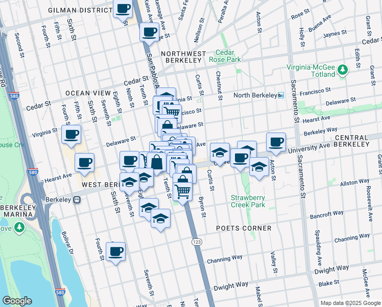 map of restaurants, bars, coffee shops, grocery stores, and more near 1156 Hearst Avenue in Berkeley