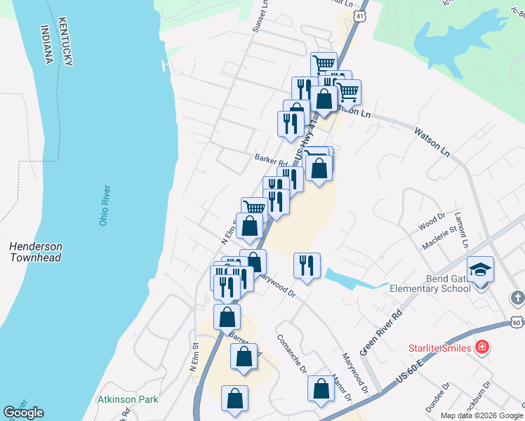 map of restaurants, bars, coffee shops, grocery stores, and more near 2418 North Elm Street in Henderson