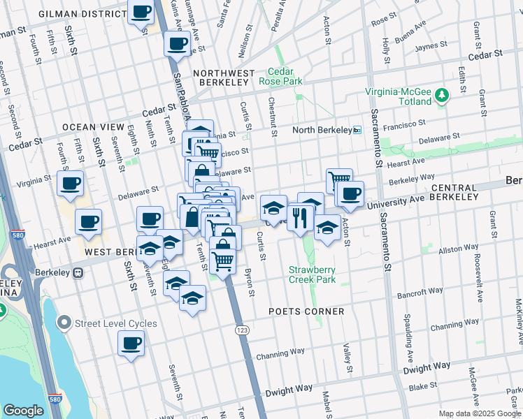map of restaurants, bars, coffee shops, grocery stores, and more near 1919 Curtis Street in Berkeley