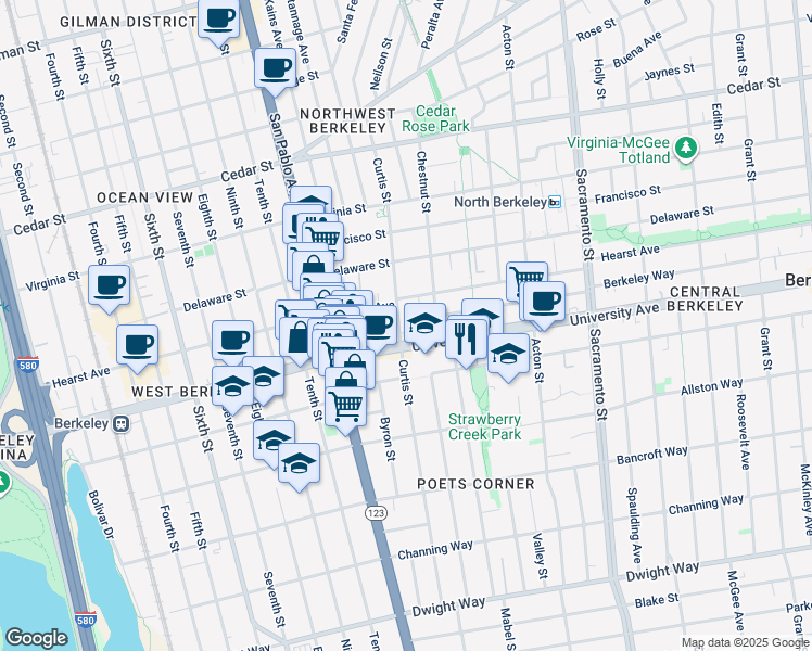 map of restaurants, bars, coffee shops, grocery stores, and more near 1919 Curtis Street in Berkeley