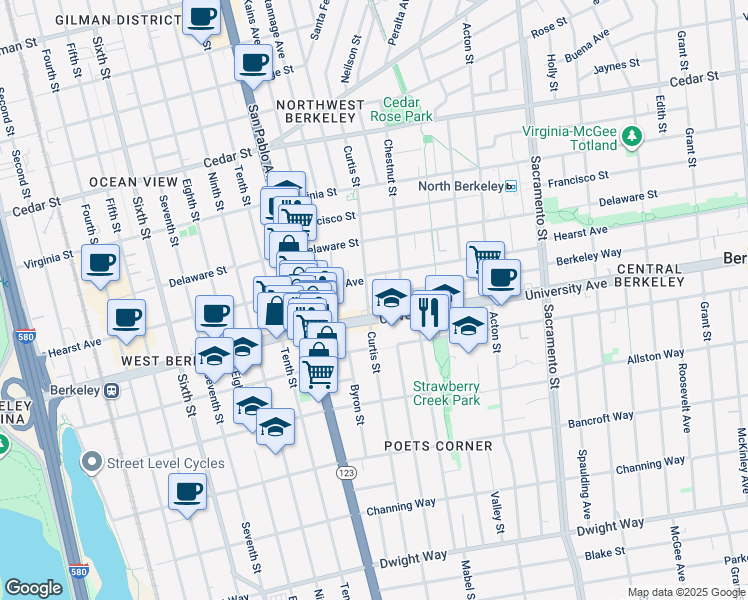 map of restaurants, bars, coffee shops, grocery stores, and more near 1919 Curtis Street in Berkeley