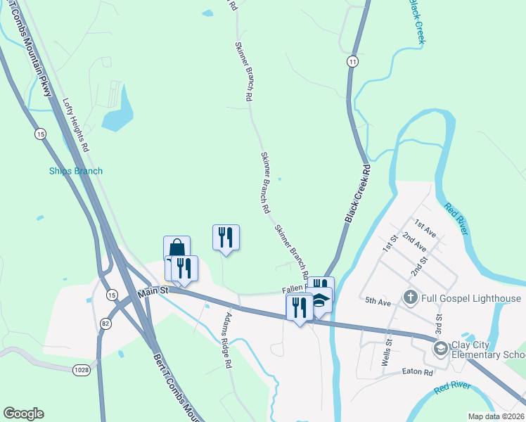 map of restaurants, bars, coffee shops, grocery stores, and more near 281 Skinner Branch Road in Clay City